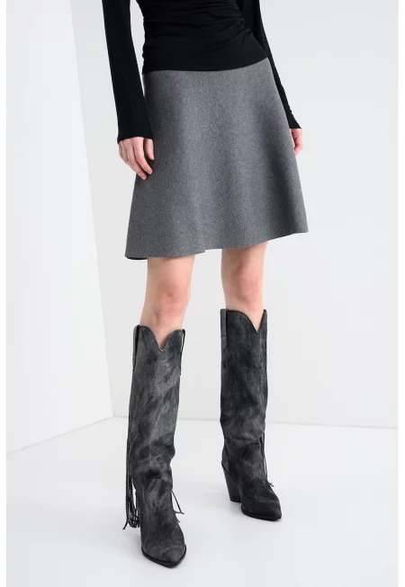 Къса разкроена пола с миди талия - Сив