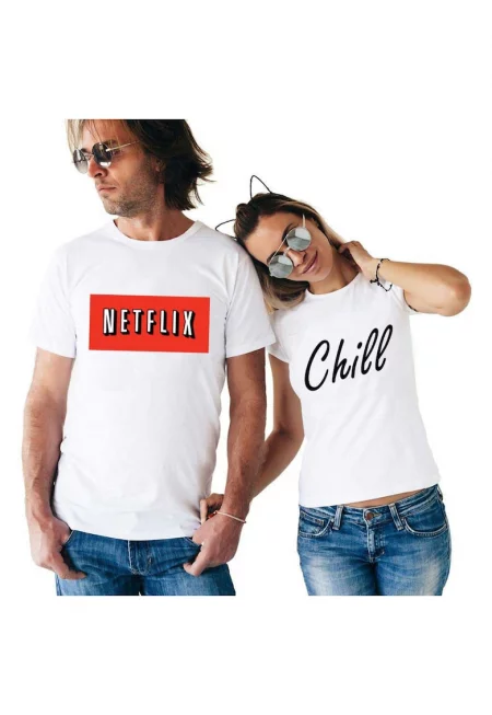 Комплект от две бели тениски за двойки - Netflix & Chill