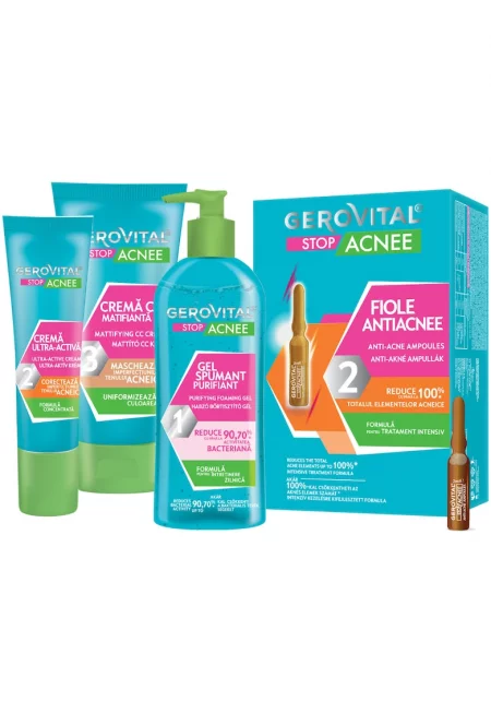 Комплект  Stop Acne: Ампули против акне - 10 ампули х 2 мл + Почистващ пенлив гел - 150 мл + Ултраактивен крем - 15 мл + Матиращ CC крем - 30 мл