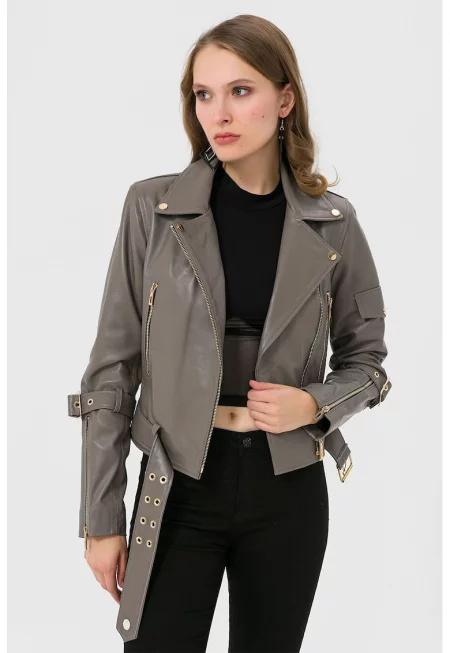 Кожено яке с раздвоен ревер и маншети с цип