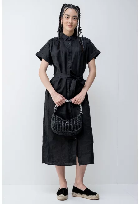 Ленена рокля-риза с къси ръкави - Черен