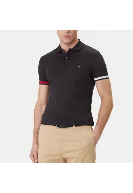 Мъжка поло тениска  RWB CUFF LIQUID COTTON SLIM POLO - Памук - Черен - Черен