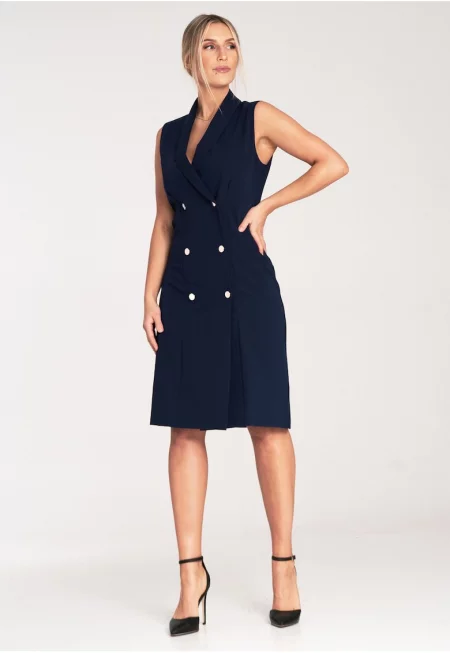 Миди блейзър рокля  тъмносиня - без ръкави - с копчета - полиестер и вискоза