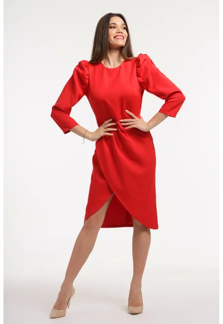 Миди рокля с бухнали ръкави - Аленочервен