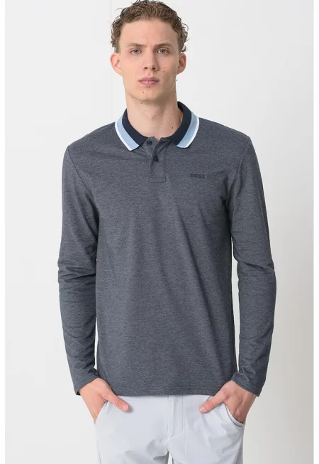 Памучна блуза с яка - Прашно синьо