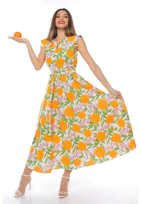 Памучна миди рокля с връзка - Бял/Оранжев