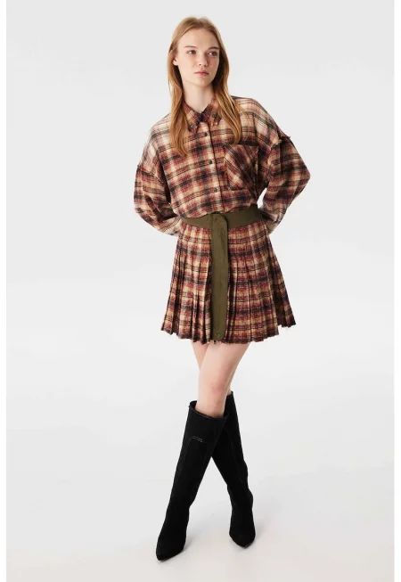 Памучна плисирана пола на каре - Шафраново жълто/Бледочервен/Светло бежово