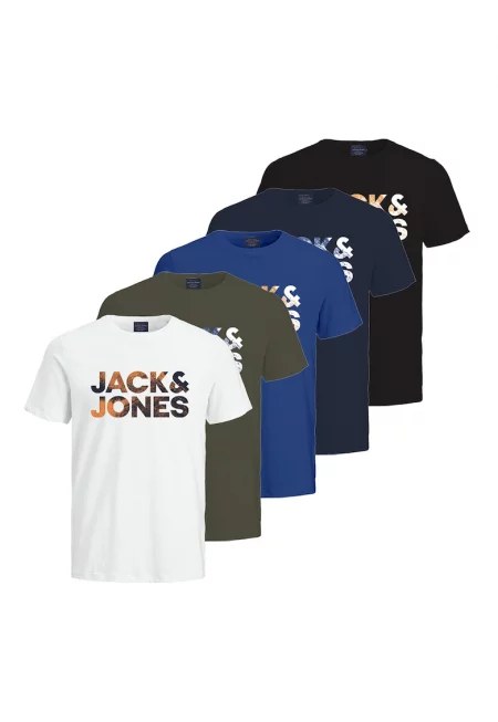 Памучна тениска с лого - 5 броя - Бял/Черен/Син