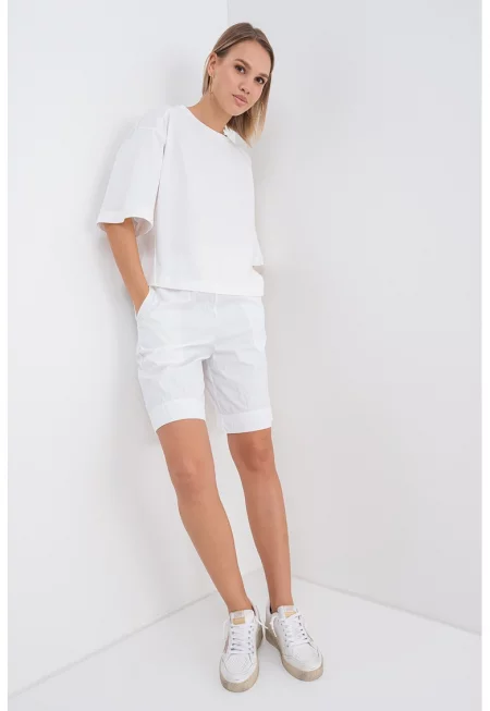 Памучна тениска с паднали ръкави - Бял