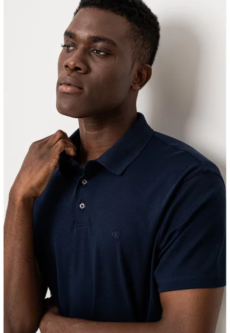 Памучна тениска с яка - Тъмносин