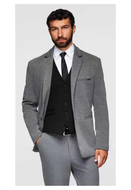 Плетено сако с вталена кройка  OM-BLZB-0100 - Тъмно сиво - Tъмносив