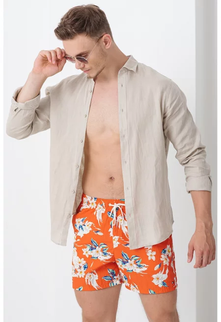 Плувни шорти с принт и джобове - Мандарина/Мръснобял