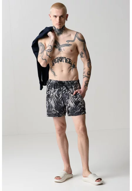Плувни шорти с тропическа шарка - Мръснобял/Антрацитно сиво