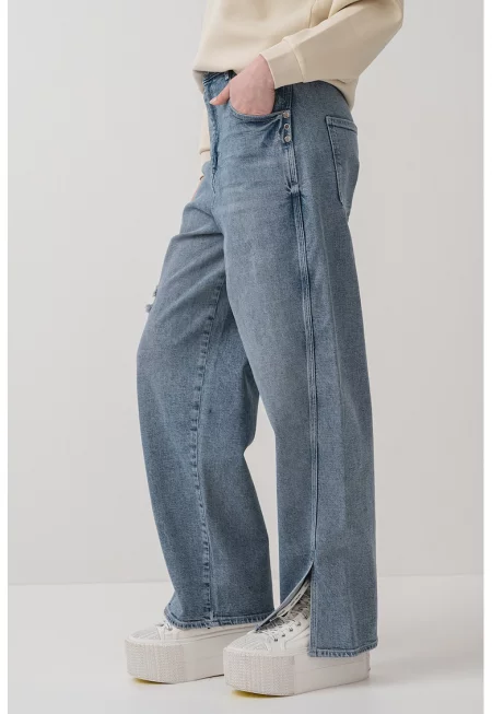 Прави дънки с цепки с цип - Светлосин