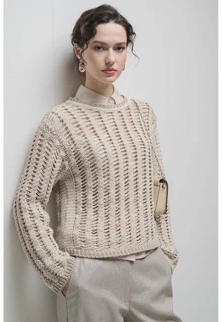 Пуловер с памук с ажур - Тъмнобежово