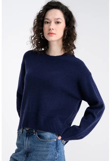 Пуловер с вълна с паднали ръкави - Тъмносин