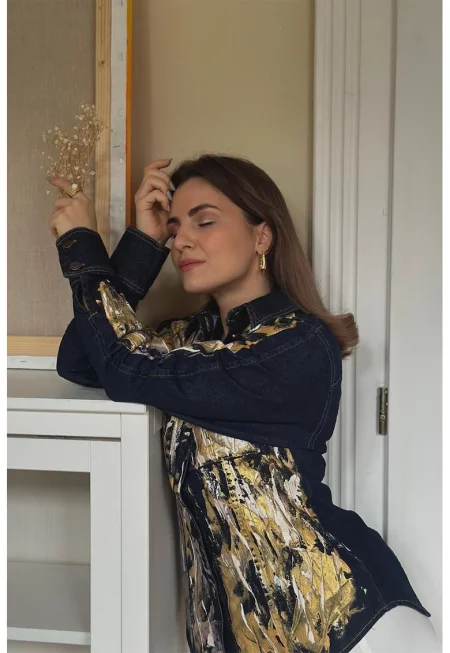 Ръчно рисувано яке от деним - Жълт/Петролно синьо