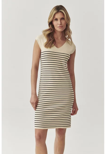 Раирана къса рокля с шпиц - Черен/Светло бежово