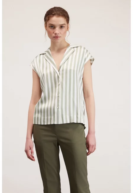 Раирана риза с къси ръкави - Бял/Зелени аспержи