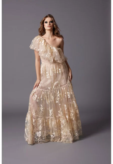 Разкроена рокля Alfabeta с цепка встрани - Бежов