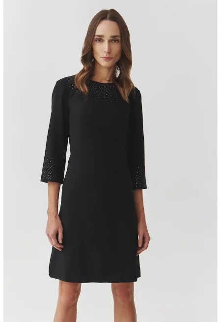 Разкроена рокля с декоративни камъни - Черен