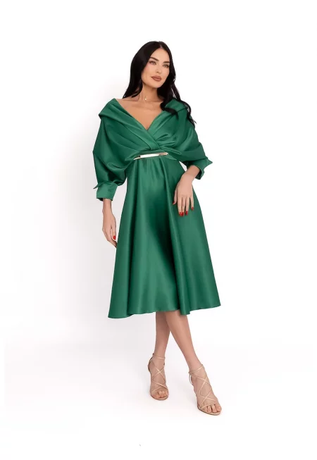 Разкроена сатинирана миди рокля - Персийско зелено