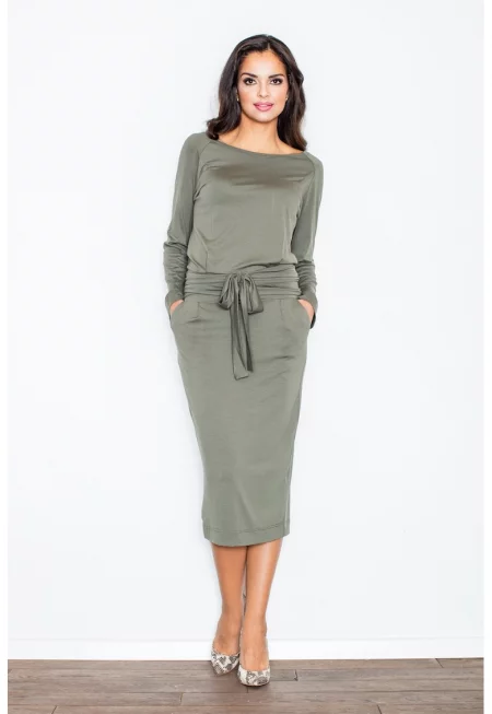 Рокля -  модел M246 - дълга - дълъг ръкав - зелена - вискоза