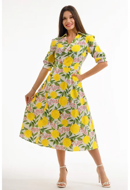 Рокля с шпиц - Бял/Зелен/Шафраново жълто
