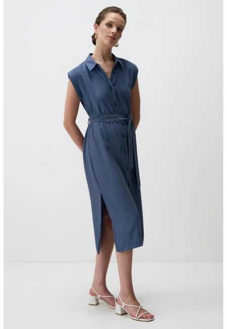 Рокля тип риза с цепки встрани - Тъмносин