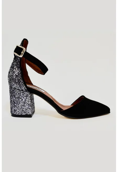 Сандали от велур и еко кожа с бляскав ток - Черен/Сребрист