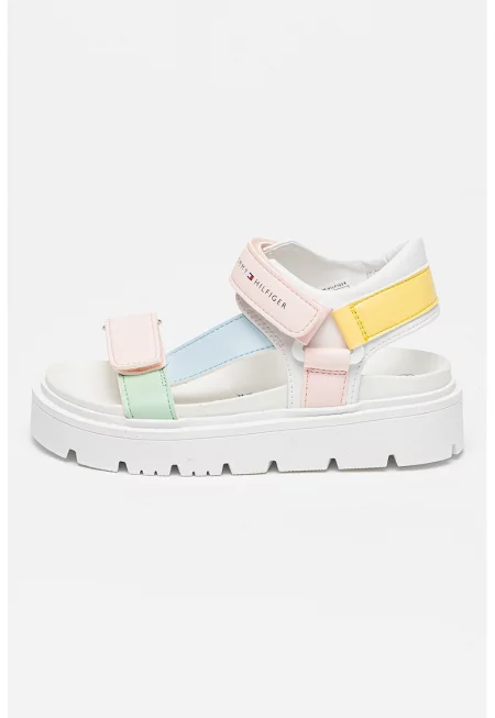 Сандали с равна платформа и велкро - Небесносин/Розово