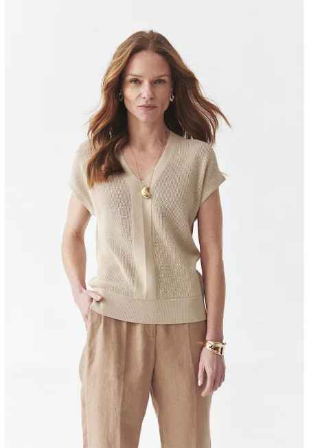 Шпиц пуловер с къси ръкави - Камел