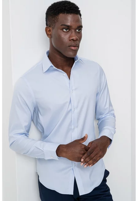 Слим риза с памук - Пастелносин