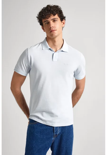 Тениска от памучно пике с яка - Светлосин