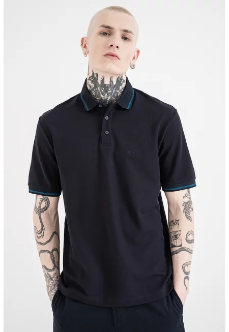 Тениска с яка и контрасти - Петролно синьо/Тъмносин