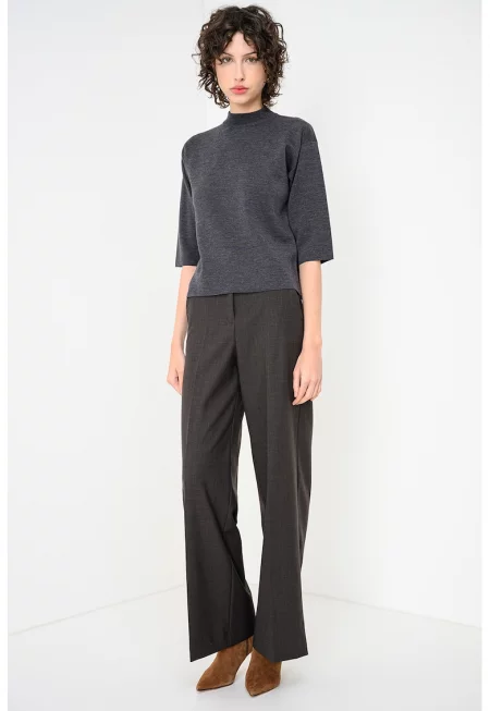 Вълнен пуловер Camera с 3/4 ръкави - Меланж тъмно сиво