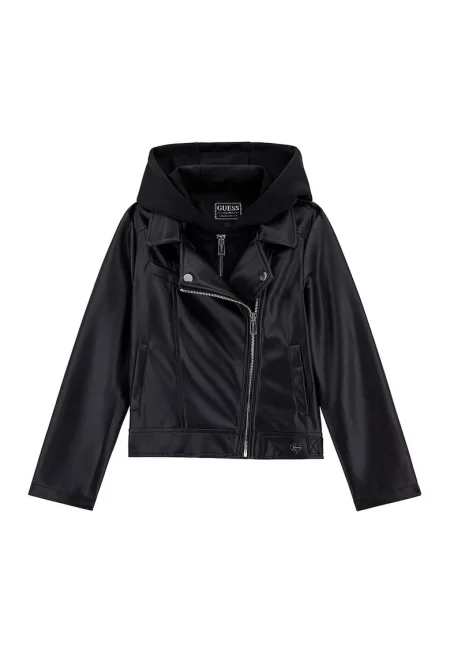 Яке от еко кожа с качулка - Черен