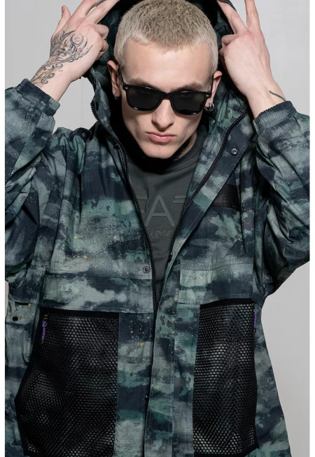 Яке с десен и качулка - Черен/Аква зелено/Тъмносин