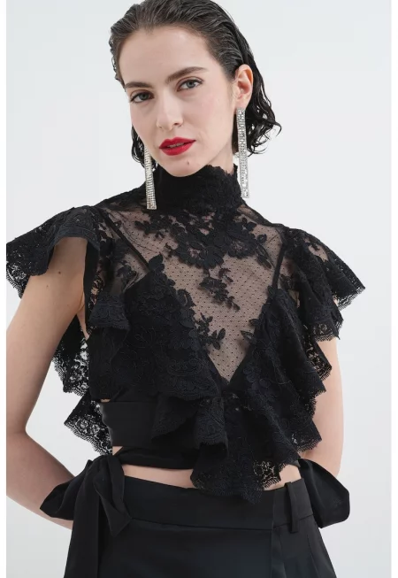 Блуза с къси надиплени ръкави с дантела - Черен/Прозрачен