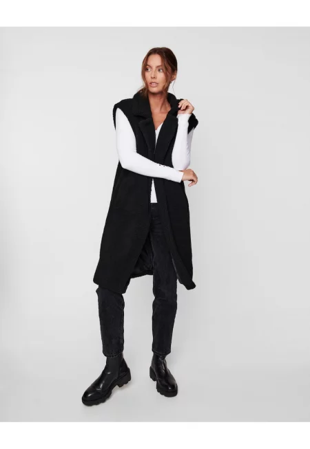 Дълъг елек Bella Borg 2847 от еко кожа с двойни ревери - Черен