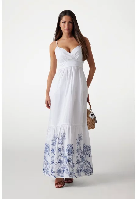 Дълга флорална рокля със сърцевидно деколте - Бял/Прашно синьо