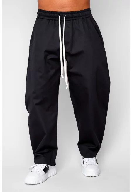 Дълги прави панталони Oversized с шнур от 100% Памук - Premium Edition Black 20291 - Черен