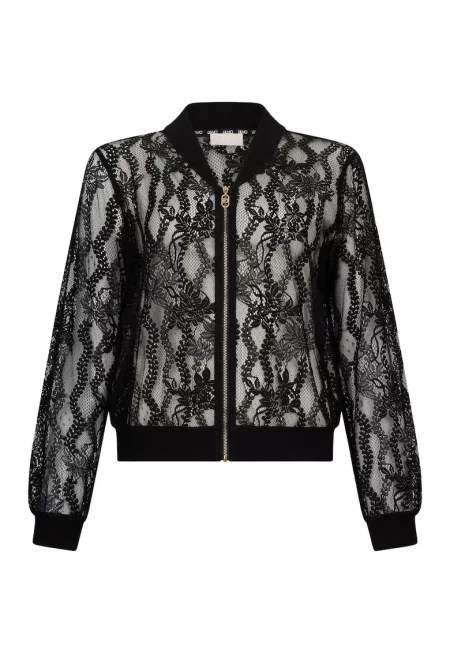 Дантелена жилетка тип бомбър - Черен