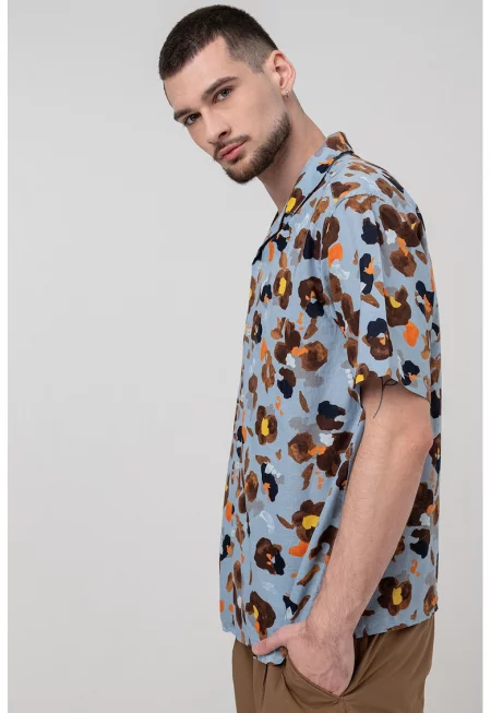 Десенирана риза с лен и памук - Кафяв/Жълт/Лавандула