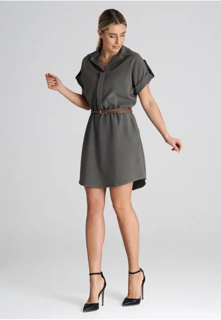 Елегантна рокля  M1001 - миди - с колан - зелена - полиестер - вискоза - еластан