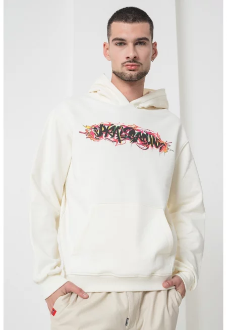Худи с шарка и джоб кенгуру - Бял