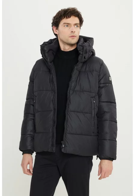 Капитонирано зимно яке с качулка - Черен