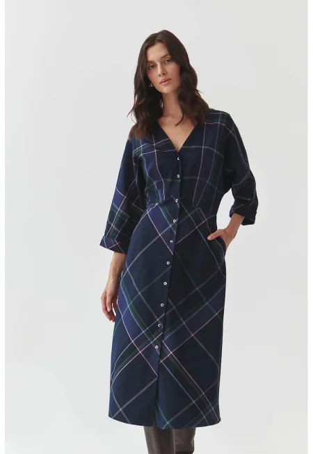 Карирана рокля с 3/4 ръкави - Тъмносин