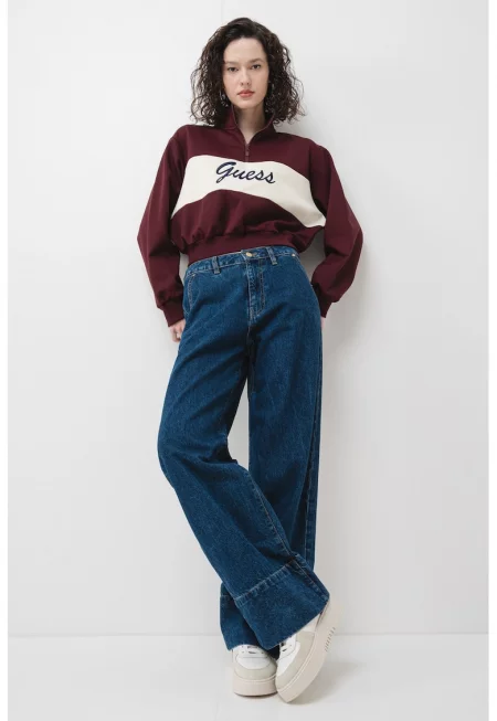 Къс суитшърт с къс цип - Бял/Тъмновиолетов