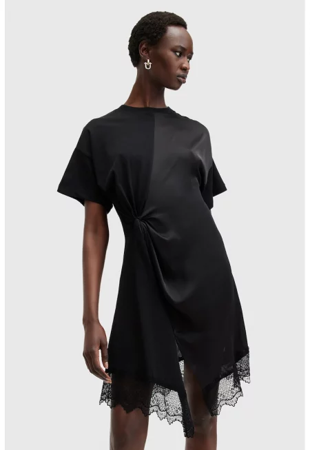 Къса рокля с къси ръкави и дантелен подгъв - Черен